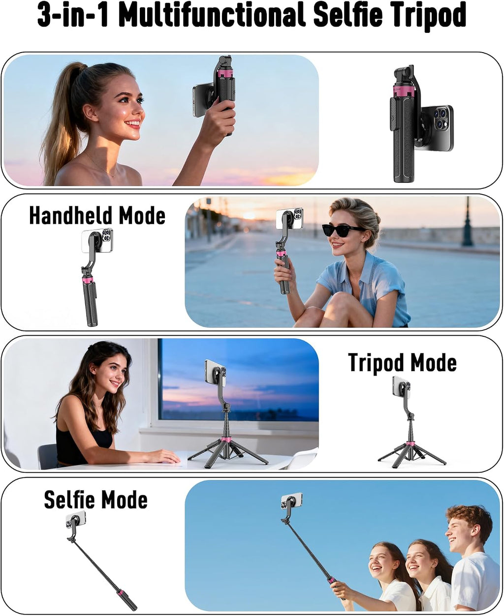 37" Magnetic Phone Tripod, 4-Leg Base with Wireless Remote | 360° Rotation, 3-in-1 Design, Wireless Remote and