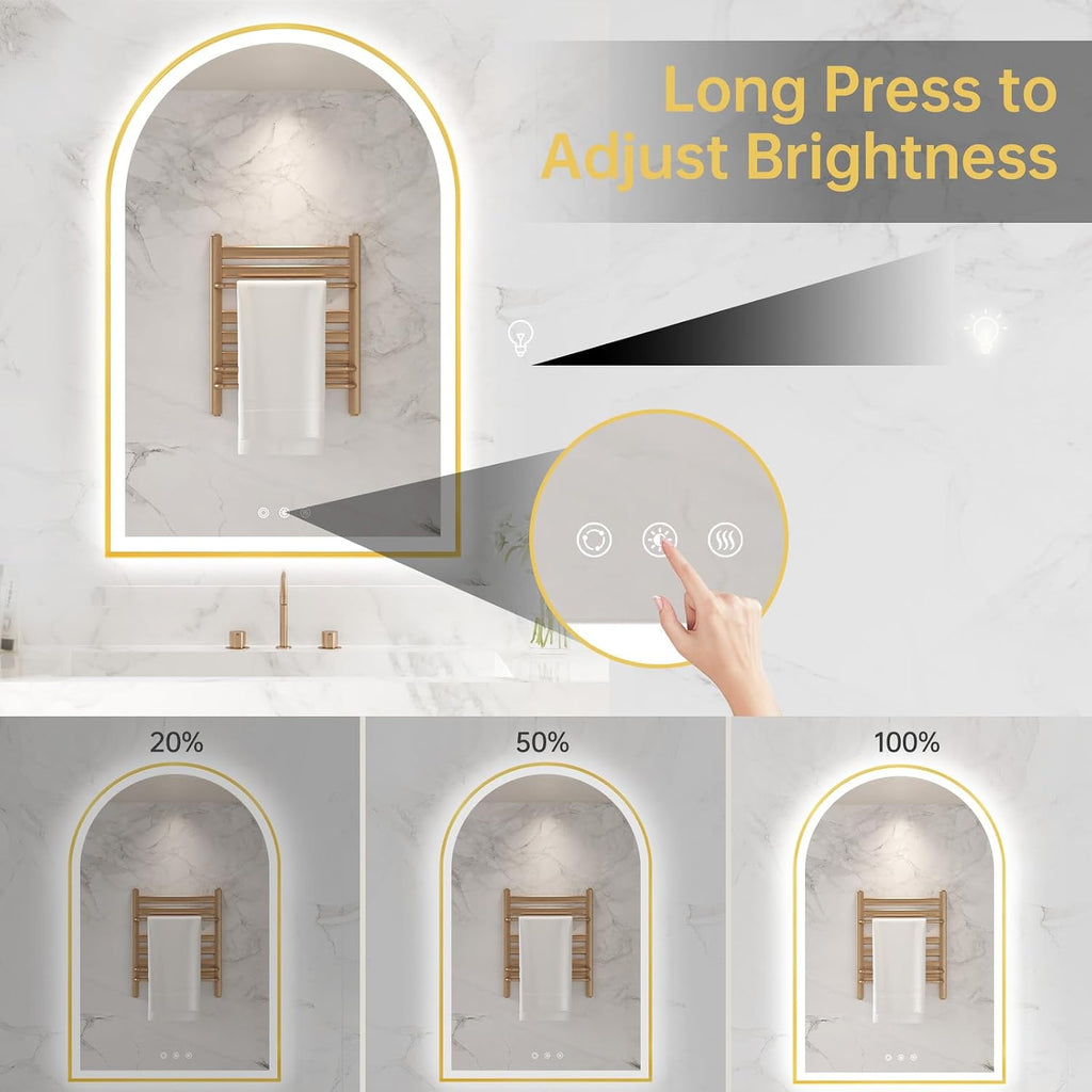 24"x36" Arched LED Lighted Bathroom Mirror with Lights | Gold Aluminum Frame, Fogless, Dimmable, Shatterproof, Touch