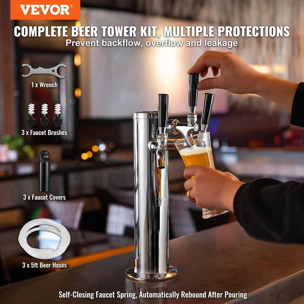 Triple Taps Draft Beer Tower Dispenser, Stainless Steel Keg Beer Tower, Kegerator Tower Kit with Pre-Assembled Tubing