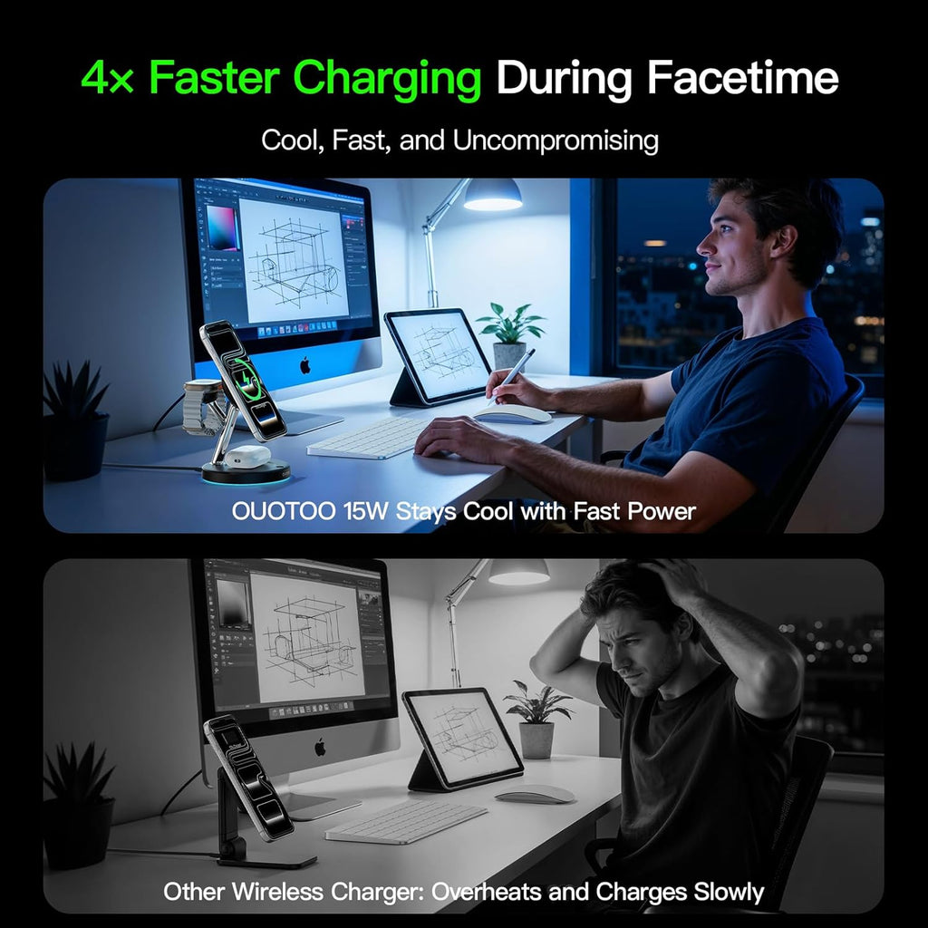 【Adjustable Blue Ambient Light】 Wireless Charger 3 in 1 for iPhone, Magnetic Charging Station for Apple Family,15W