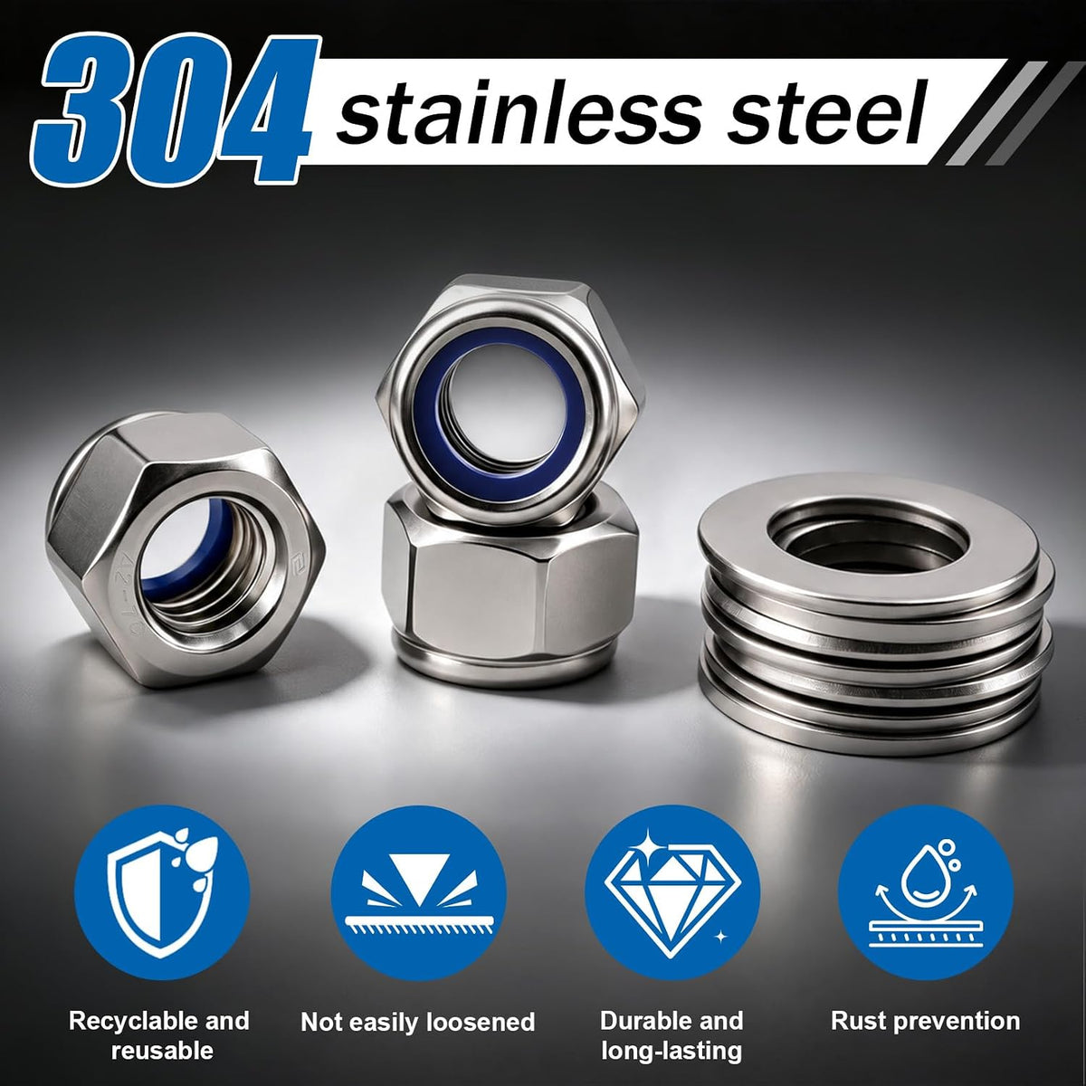 M10-1.5 Lock Nut 80Pcs Stainless Steel Nylock Locking Nuts with Washer