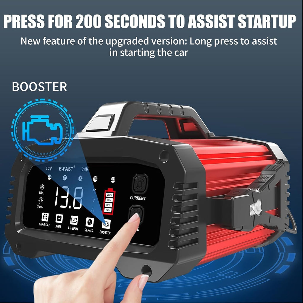 25A Smart Car Battery Charger, 12V/24V Automatic Automotive Battery Maintainer & Desulfator with 200s Booster Mode