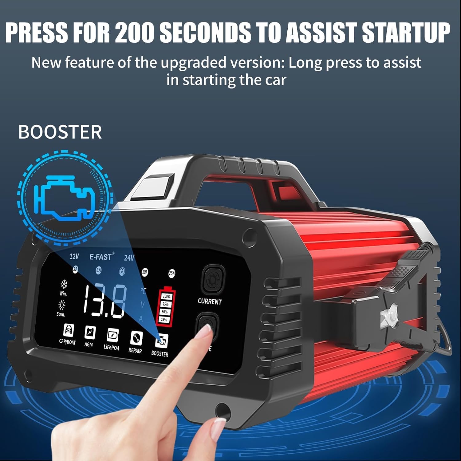 25A Smart Car Battery Charger, 12V/24V Automatic Automotive Battery Maintainer & Desulfator with 200s Booster Mode