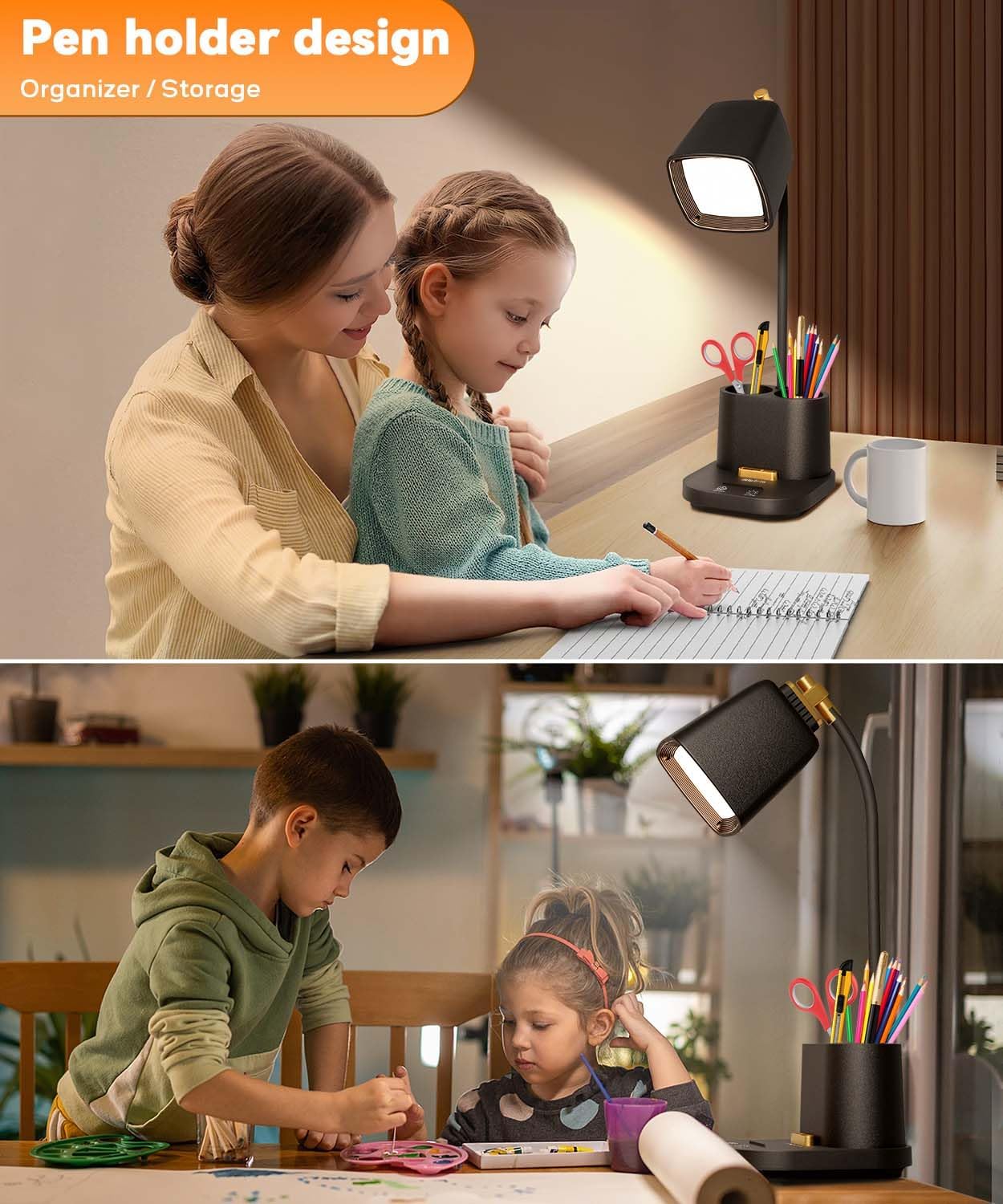 LED Desk Lamp with 2 USB Ports, Storage Box, Small Table Lamp for Home Office, Bedroom, College Dorm Room, Gooseneck