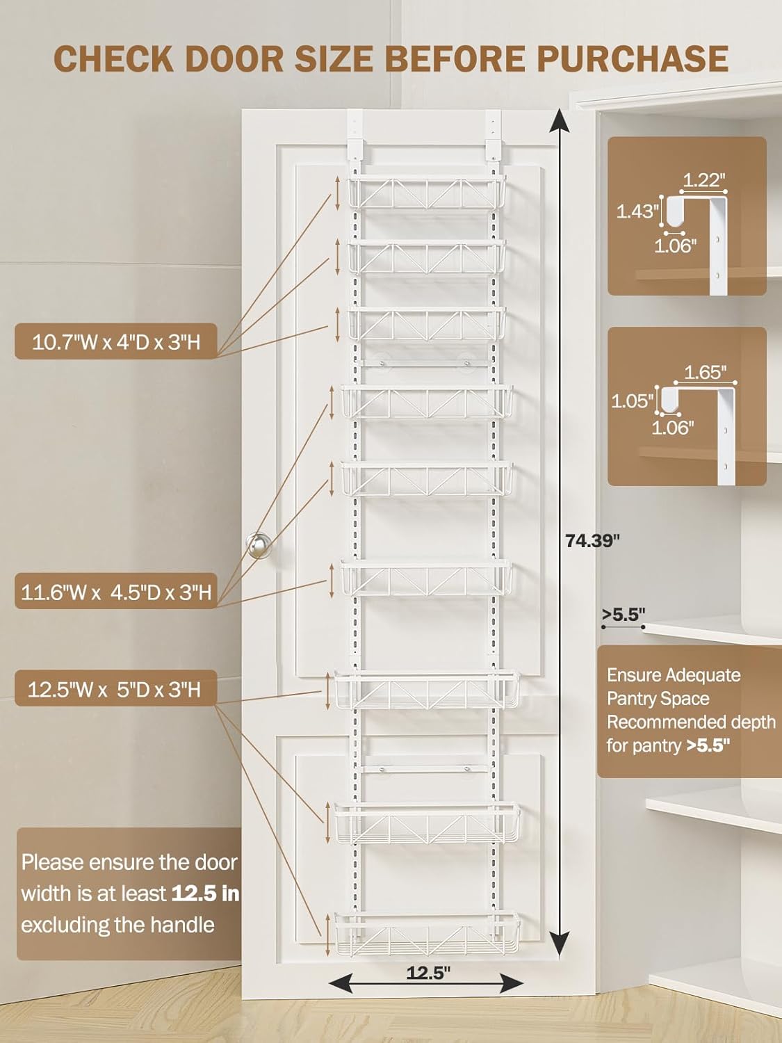 Narrow 9-Tier Over the Door Pantry Organizer, Adjustable Pantry Storage, Metal Hanging Spice Rack, Cabinet Door