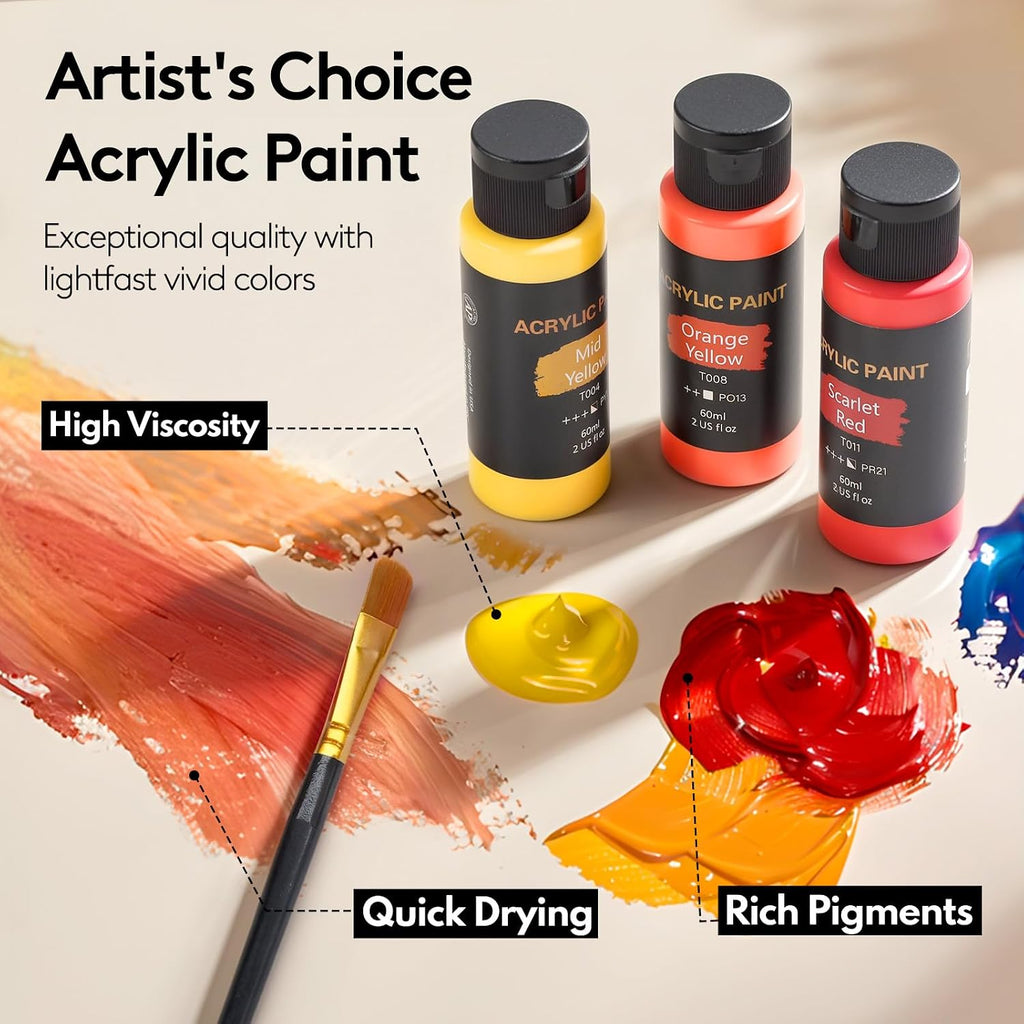 Acrylic Paint Set, 24 Colors (2 oz/Bottle) with 12 Art Brushes, Art Supplies for Painting Canvas, Wood, Ceramic &