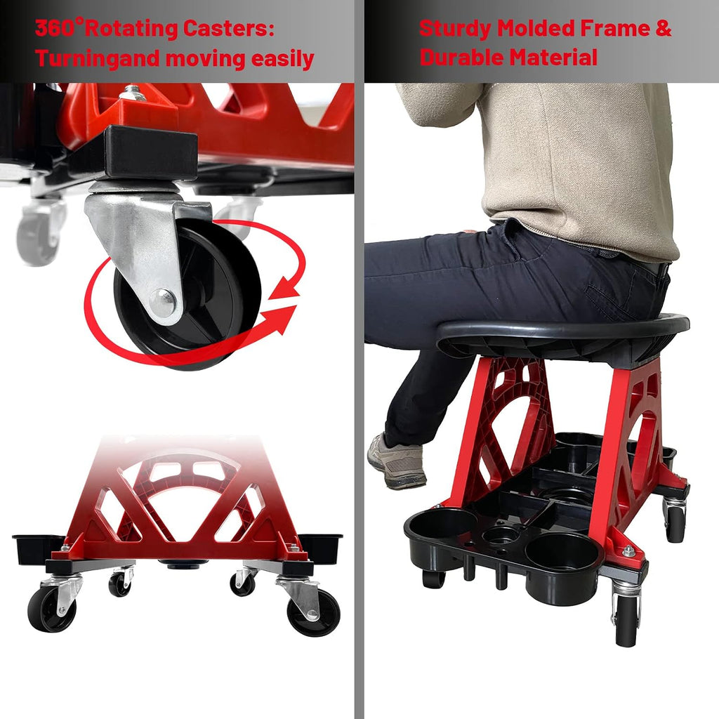 Durable Mechanic Stool Chair with Wheels, Heavy Duty Garage Shop Stool On Wheels, Rolling Stool Car Detailing Creeper