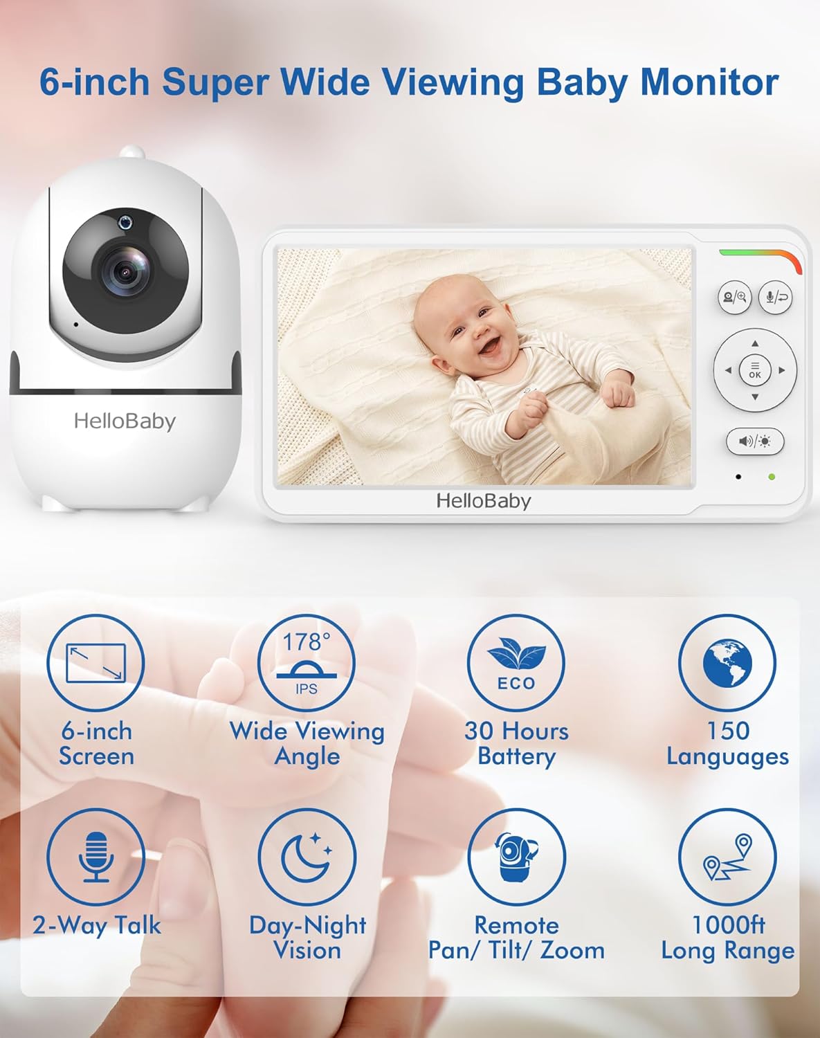 Baby Monitor 6" World First IPS Screen 30H Battery, Secure No WiFi, Pan Tilt Video Camera with Night Vision, VOX