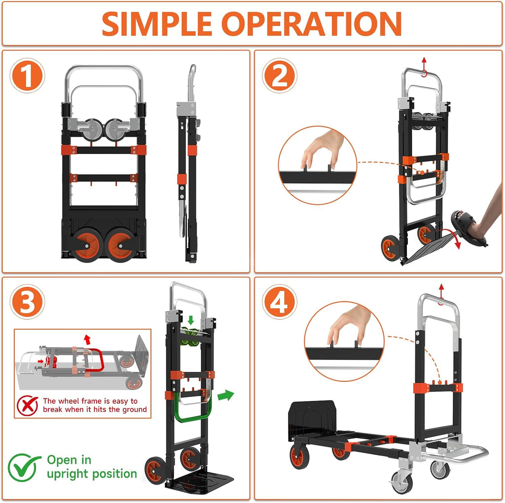 3-in-1 Folding Hand Truck, 500 lb Heavy Duty Steel Dolly | Convertible Hand Truck Dolly with Telescoping Handle