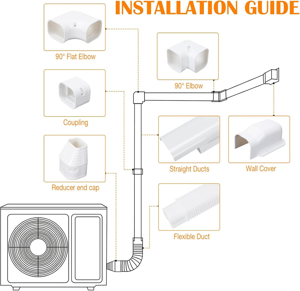 3" 20Ft Mini Split Line Set Cover Kit, Decorative PVC Slim AC Line Covers | with Flexible Duct, Paintable