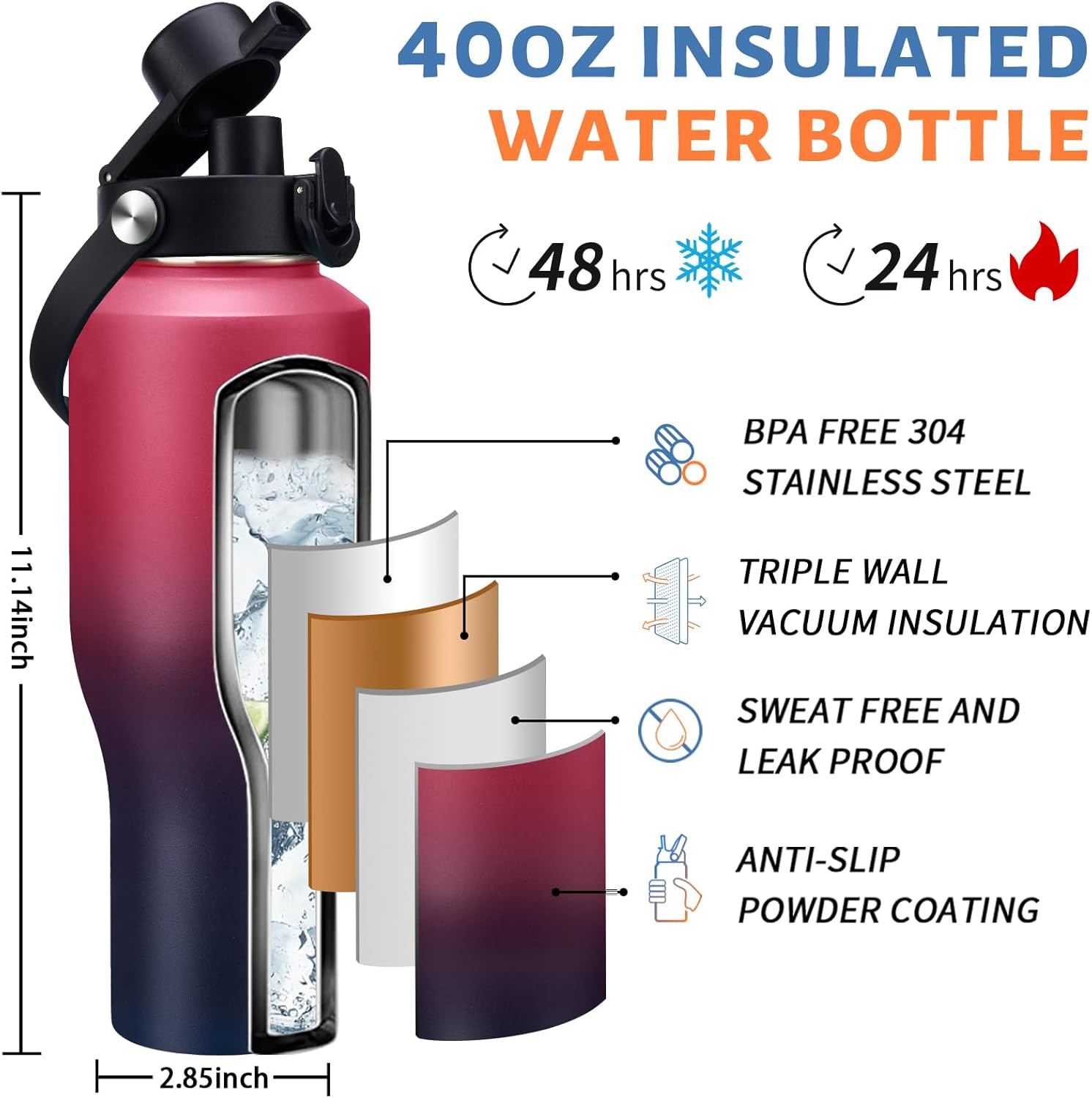 Insulated Water Bottle 40 oz - Fits in any Car Cup Holder, Keep Cold 48H Hot 24H, Stainless Steel Waterbottle Double