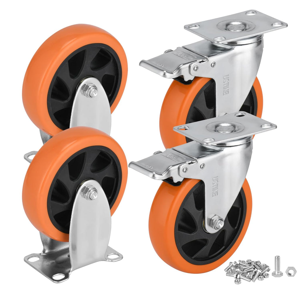 5 Inch Caster Wheels Set of 4 (2 Rigid, 2 Swivel with Brakes), 360 Degree Rotatable, Lockable Plate Caster Wheels
