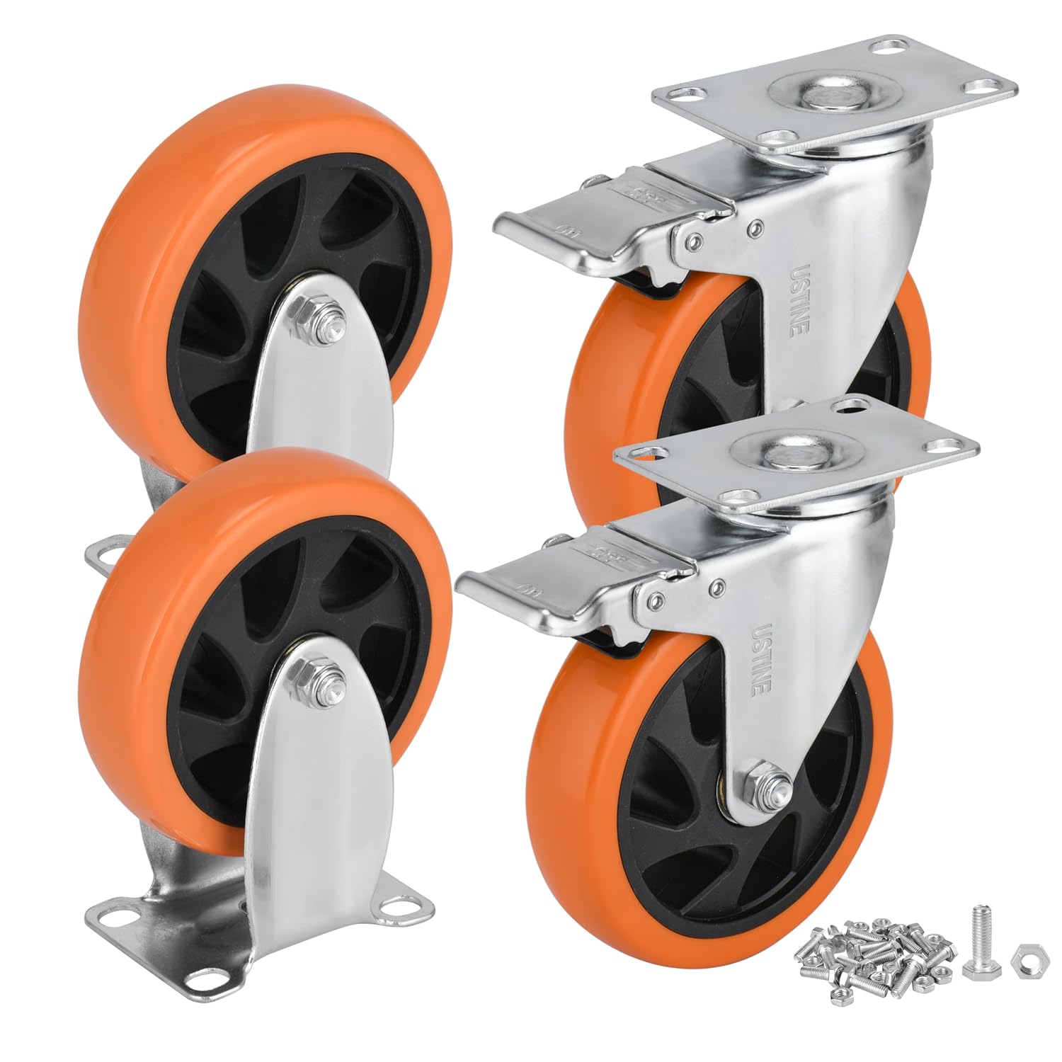 5 Inch Caster Wheels Set of 4 (2 Rigid, 2 Swivel with Brakes), 360 Degree Rotatable, Lockable Plate Caster Wheels