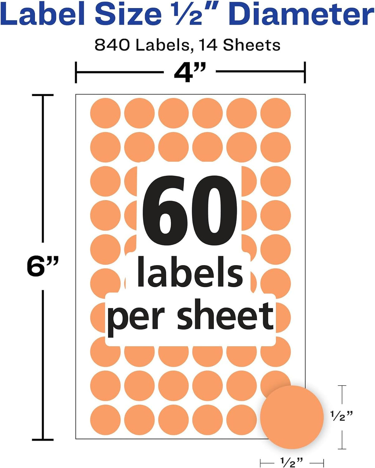 Color-Coding Removable Labels, 1/2 Inch Round Stickers, Neon Orange, Non-Printable, 840 Dot Stickers Total (5062)