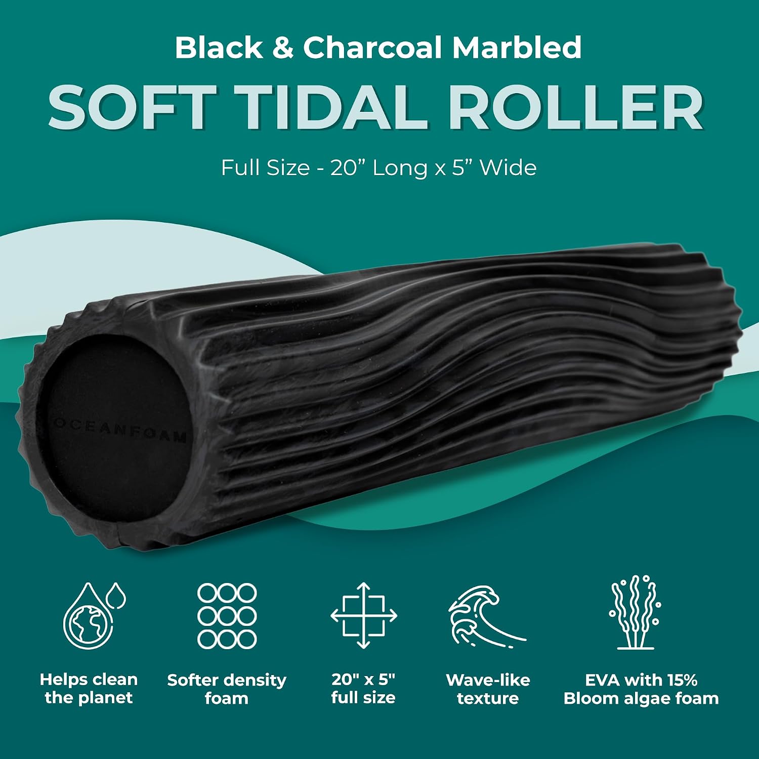 Soft Tidal Roller (Black & Charcoal Marbled) - Low Density Foam Roller for Physical Therapy, Back Pain, Exercise &