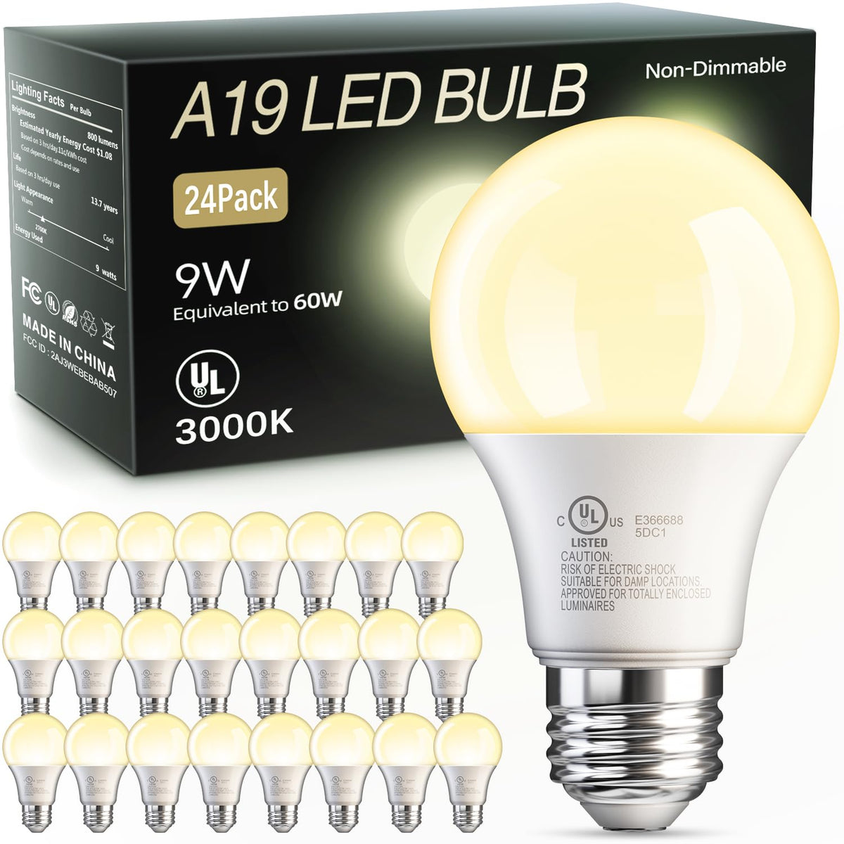 24 Pack A19 LED Light Bulbs Warm White 3000K, 60 Watt Equivalent