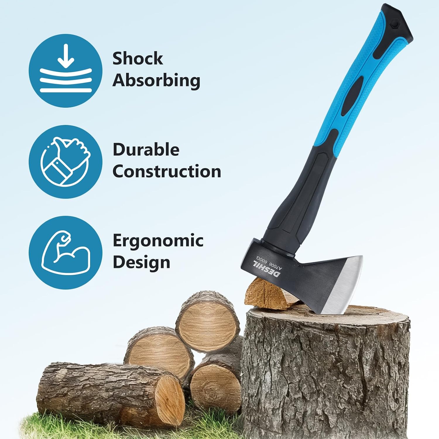 15 inch Chopping Hatchet Axe for Camping Splitting & Kindling | Shock-reducing Fiberglass Handle, Outdoor Camp