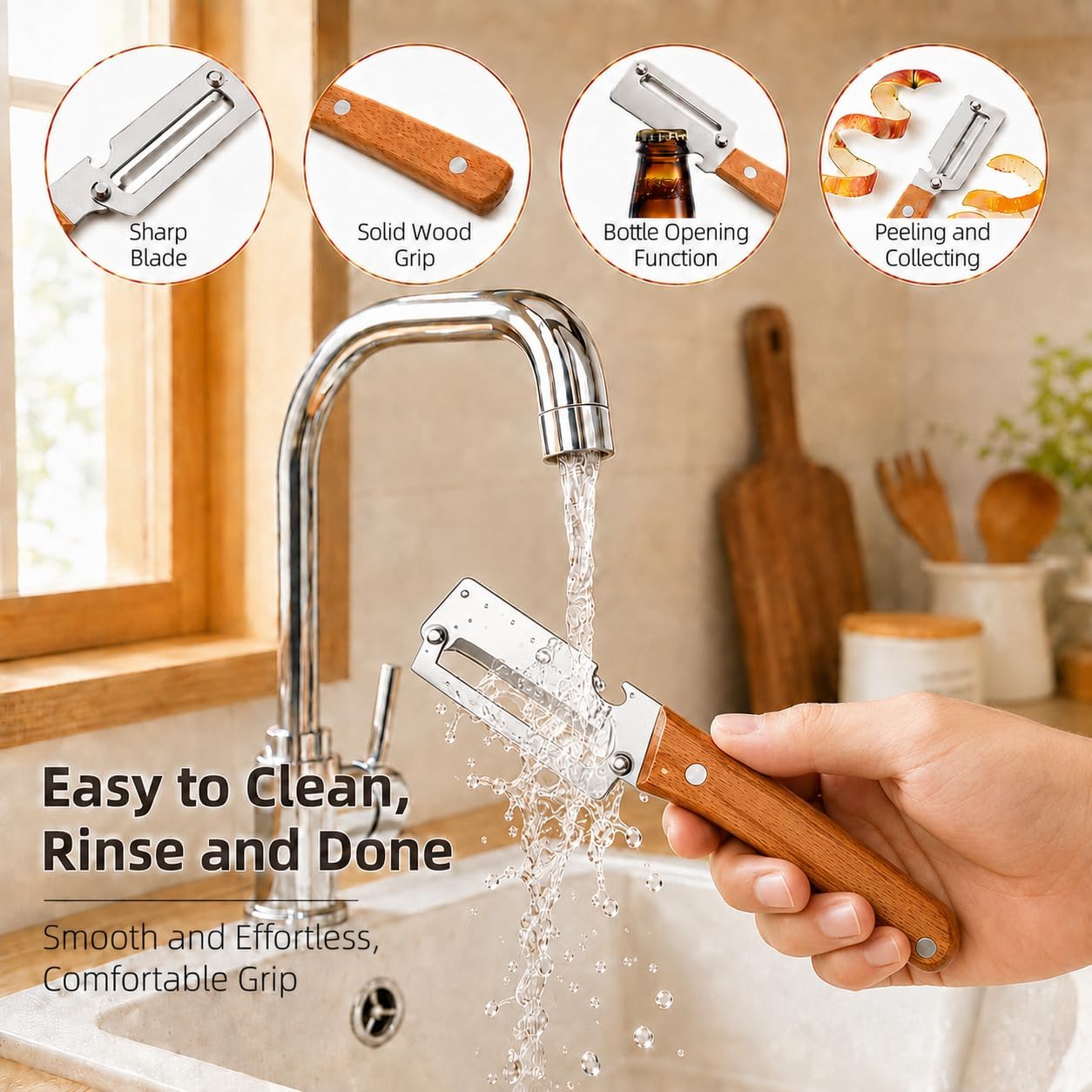 2026 Premium Multifunctional Vegetable Peeler, 3cr Stainless Steel Peeler with Wooden Handle with Built-In Bottle