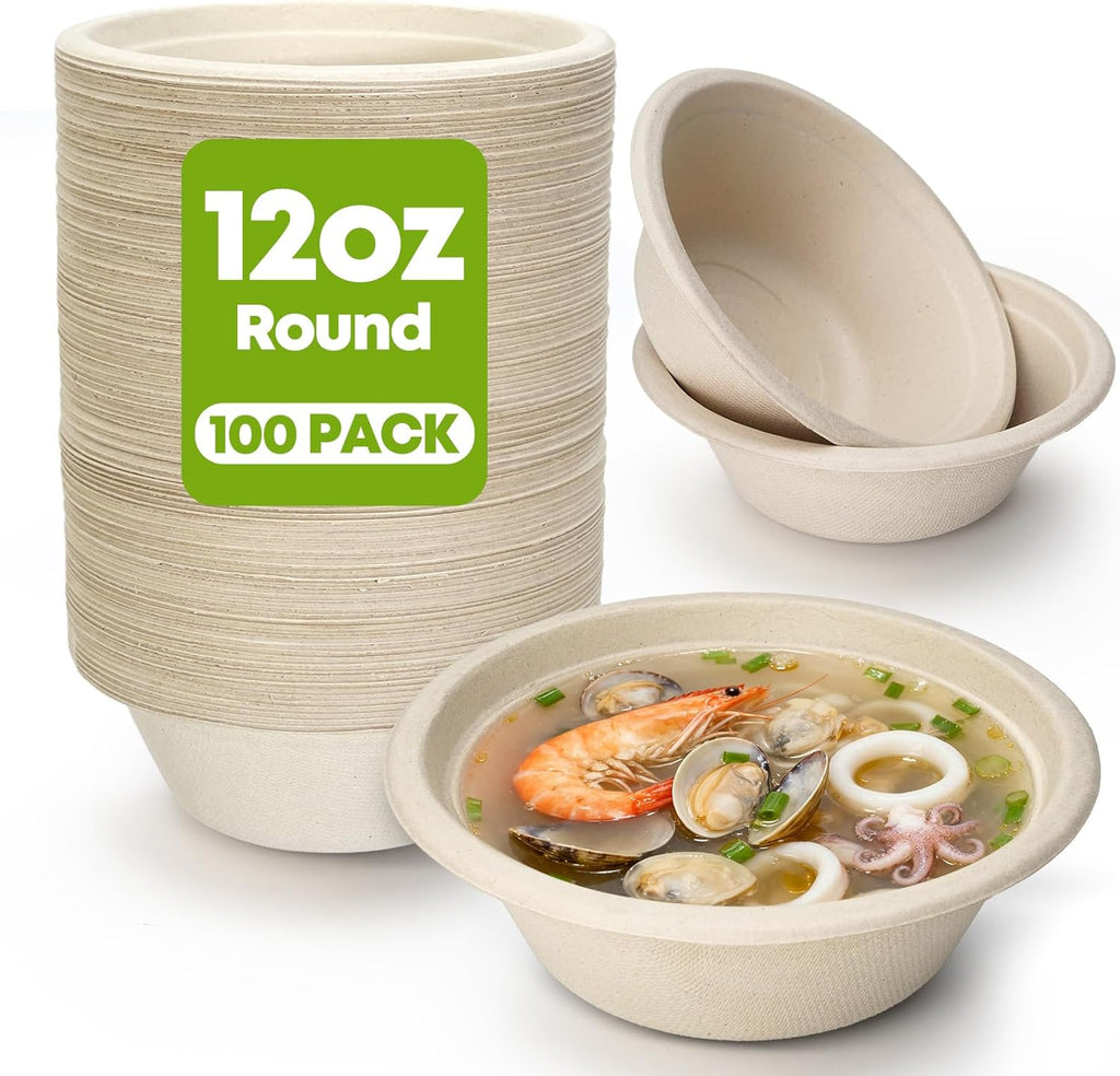 12 oz Paper Bowls Disposable 100-Count, Compostable Bagasse Bowls