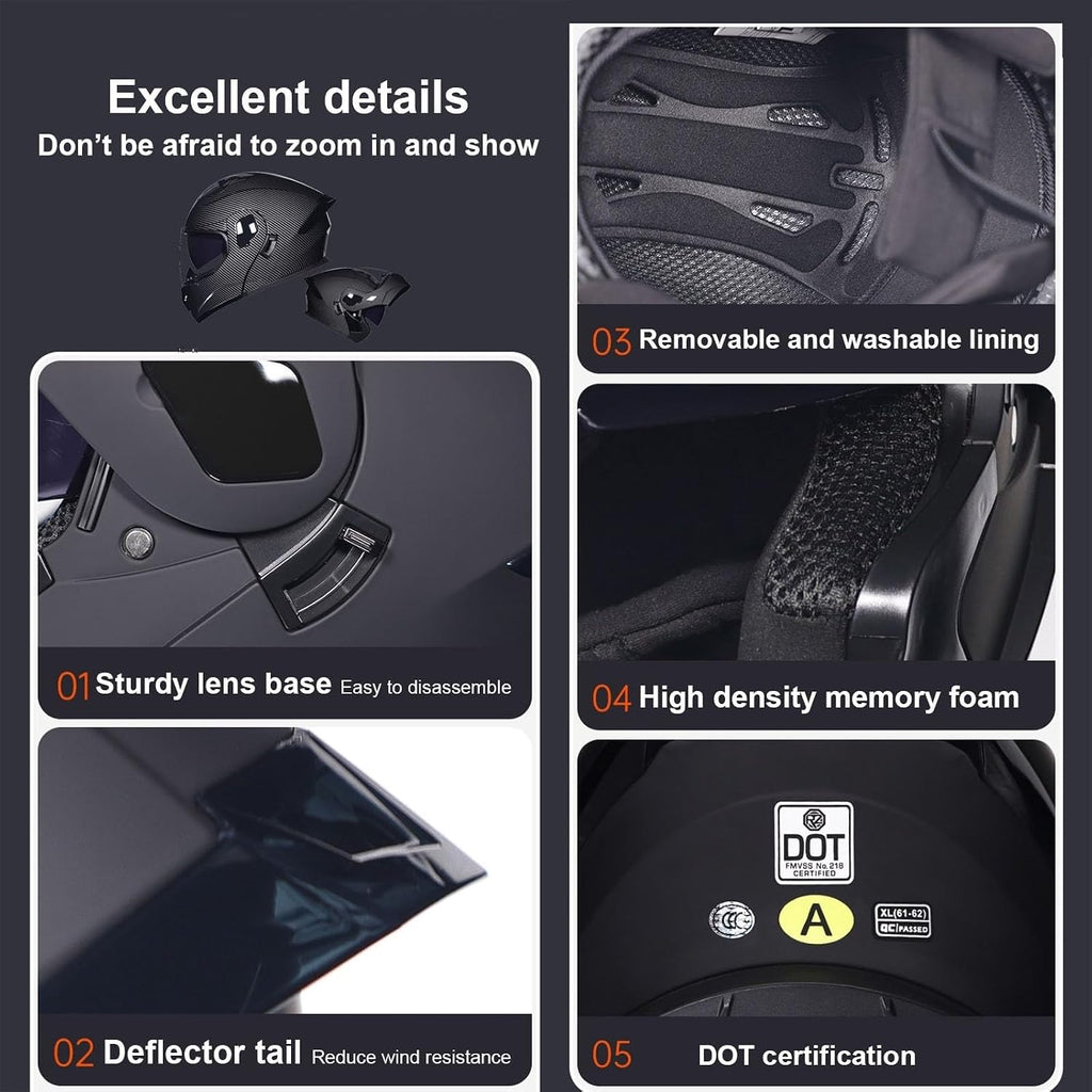 Full-Face Flip-Up Motorcycle Helmet Motorcycle Bluetooth Modular Helmet DOT Certified Dual-Lens Helmet Built-in Dual