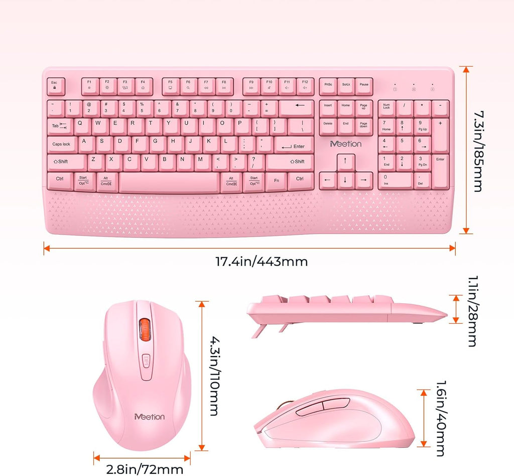Wireless Keyboard and Mouse Combo, Full-Size with Wrist Rest, Pink | 2.4GHz USB receiver, 3 adjustable DPI mouse