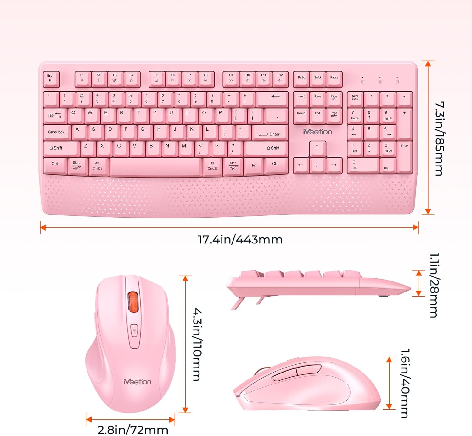 Wireless Keyboard and Mouse Combo, Full-Size with Wrist Rest, Pink | 2.4GHz USB receiver, 3 adjustable DPI mouse