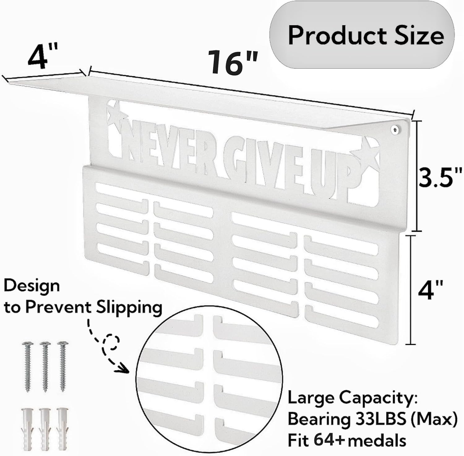 16" White Medal Hanger Display with Trophy Shelf, Holds 64+ Medals, Never Give Up Heavy Duty Metal Wall Mounted Award