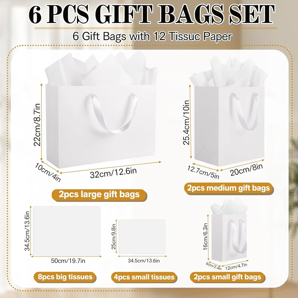 6 Pack White Gift Bags with Handles and 12 Tissue Papers