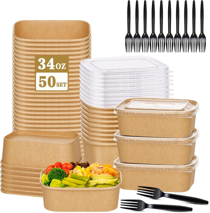 50 Kraft Paper Bowls,34oz Disposable Meal Prep Containers with Lids & Forks
