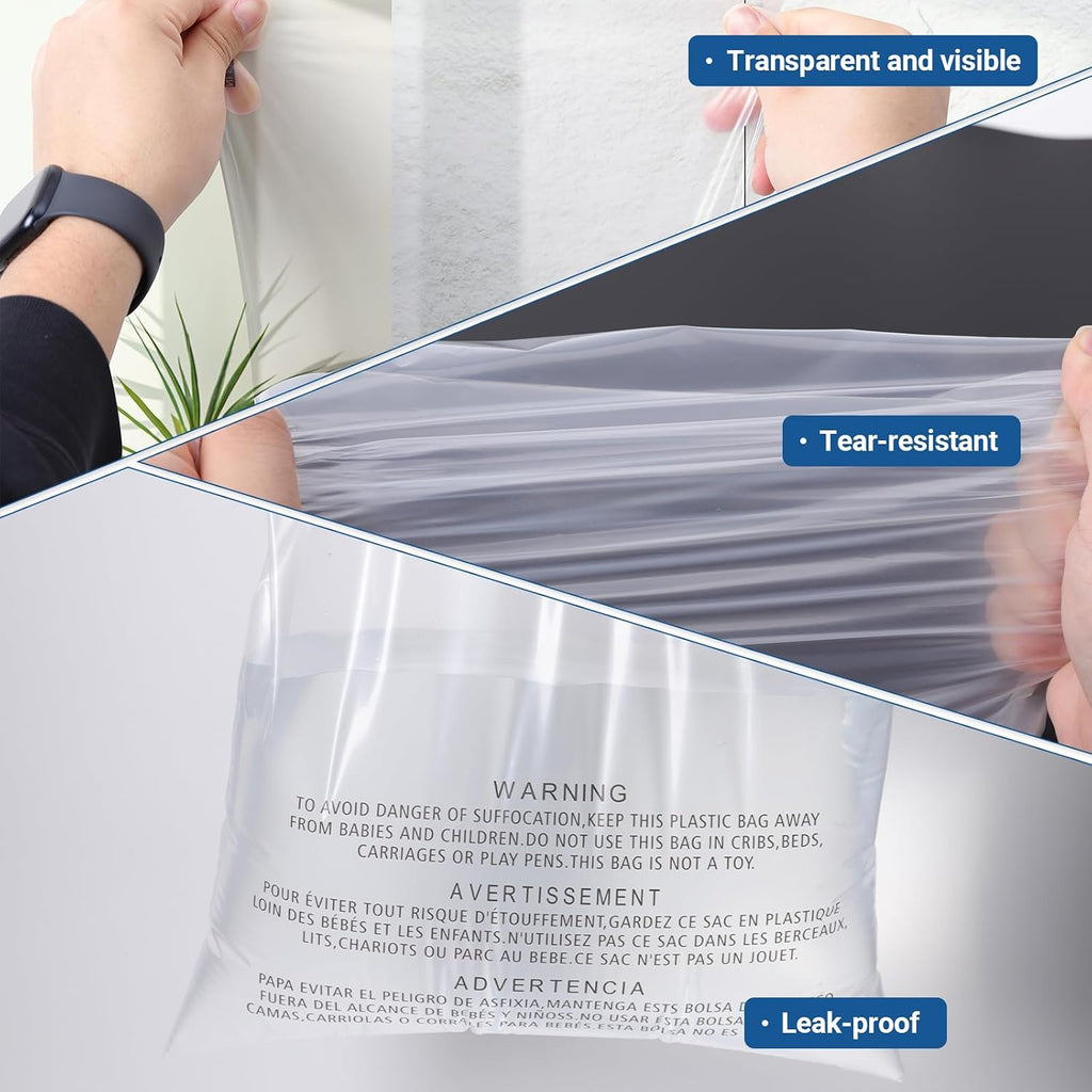 100 Count 12"x15" Strong Self Seal Clear Poly Bags with Suffocation Warning for Packaging, Shipping, T-Shirts