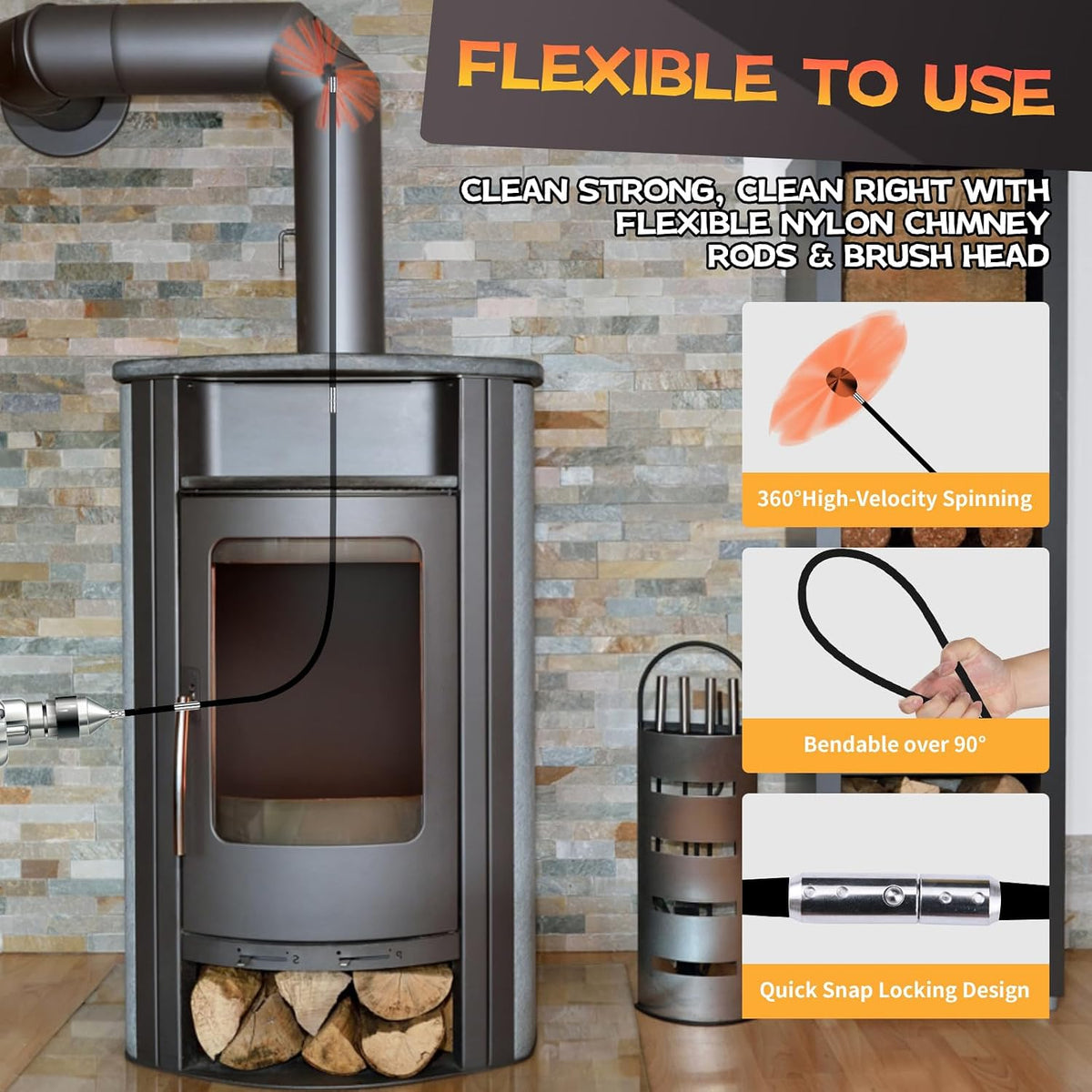 23 Feet Chimney Sweep Kit, Chimney Cleaning Kit with 7 Flexible Black Chimney Rods, Rotary Chimney Cleaning System