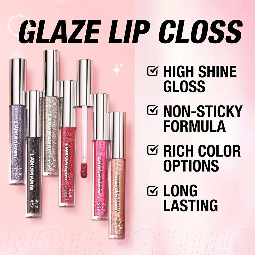 6 Colors Diamond Glitter Lip Gloss Set,Long Lasting High Shine Shimmer Liquid Lipstick Set,Hydrating,Moisturizing Lip
