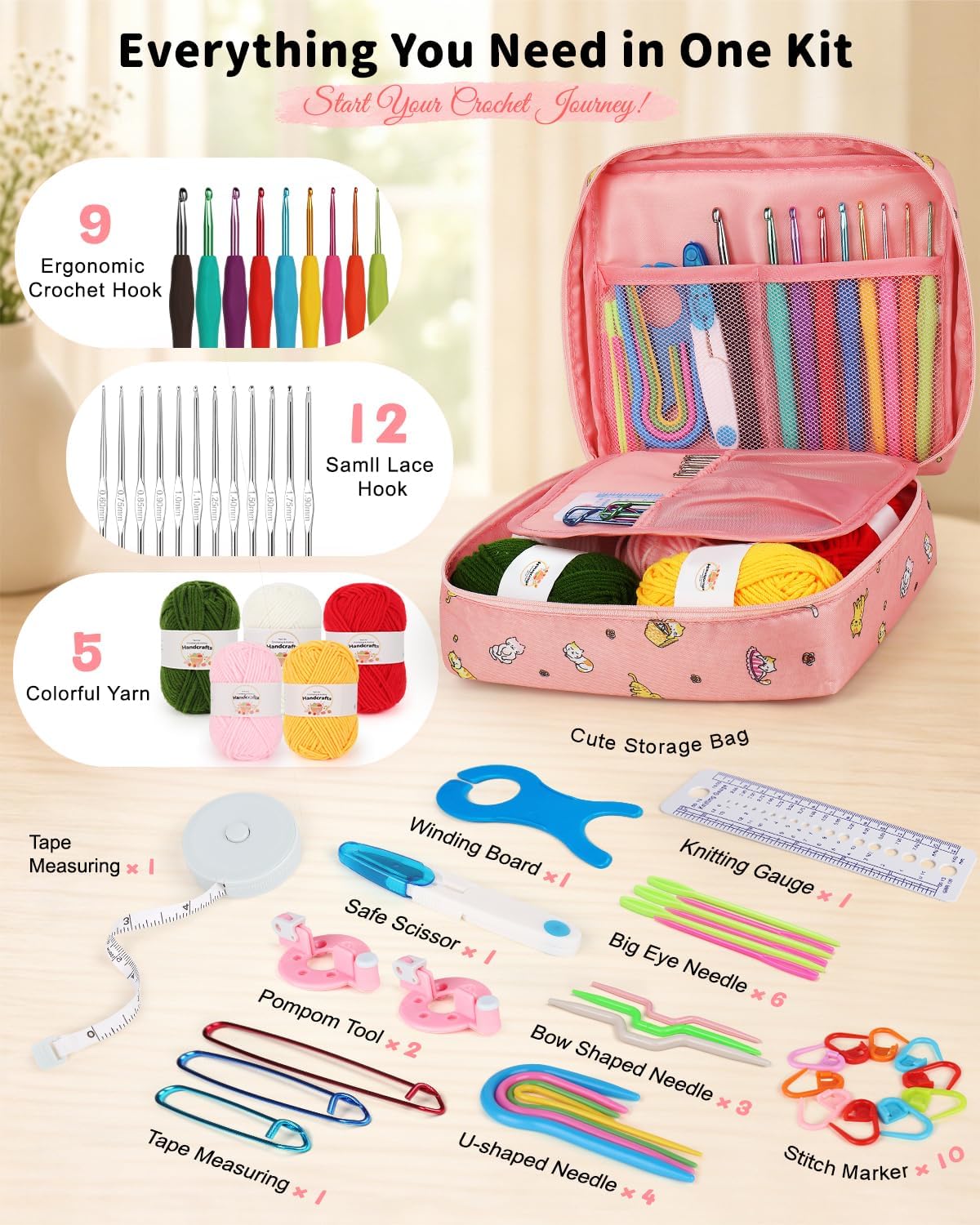 Crochet Kit for Beginners, 59pcs Crochet Starter Kits with Yarn, Ergonomic Hooks & Storage Case, Learn-to-Crochet Set
