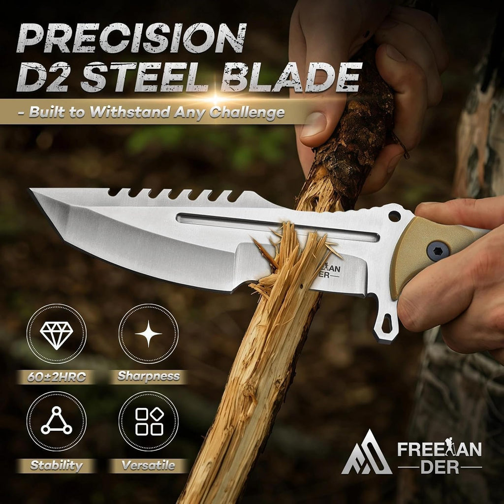 Outdoor Fixed Blade Knife, Full Tang Survival Knife with Sheath | D2 Steel Camping Bushcraft Knife with Ergonomic