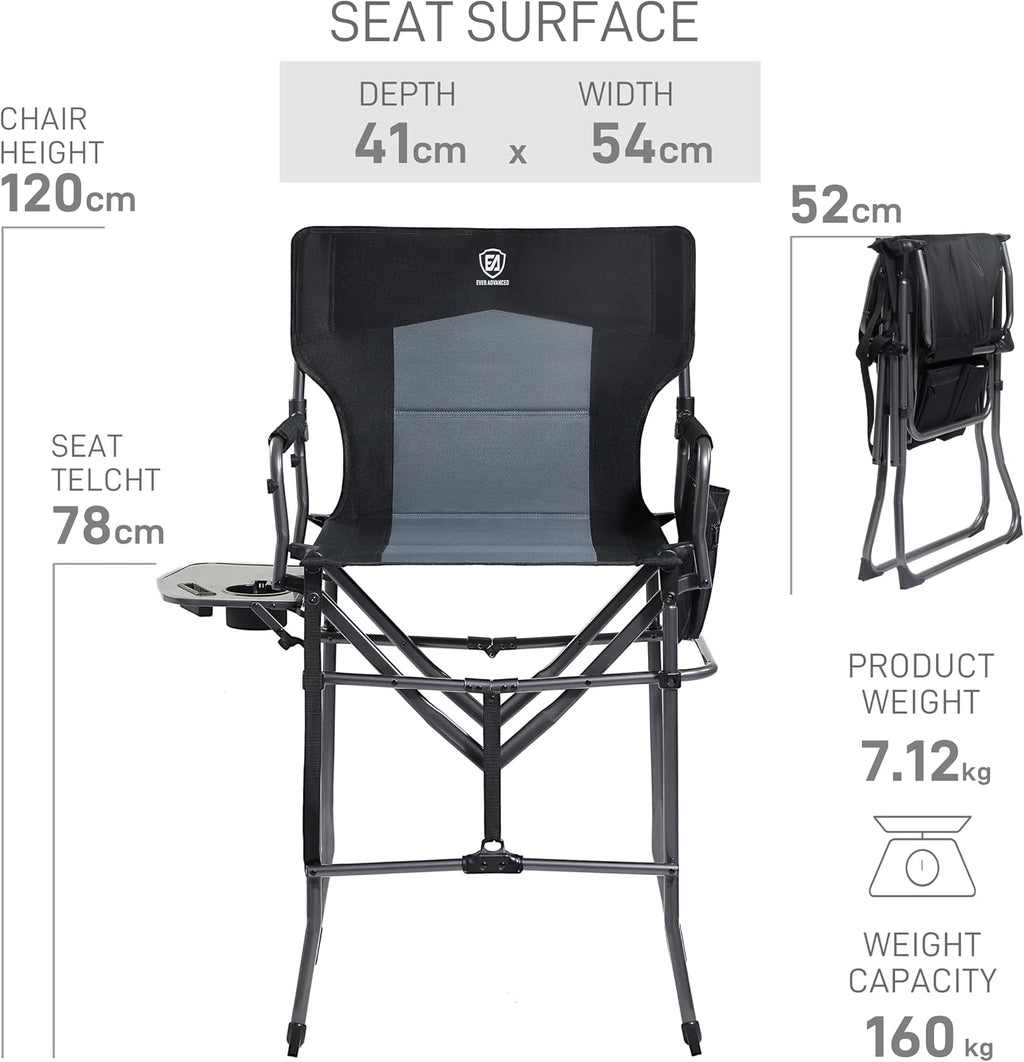 Portable 30.7" Seat Height Tall Folding Camping Chair Directors Chair High Foldable Bar Stool with Side Table for