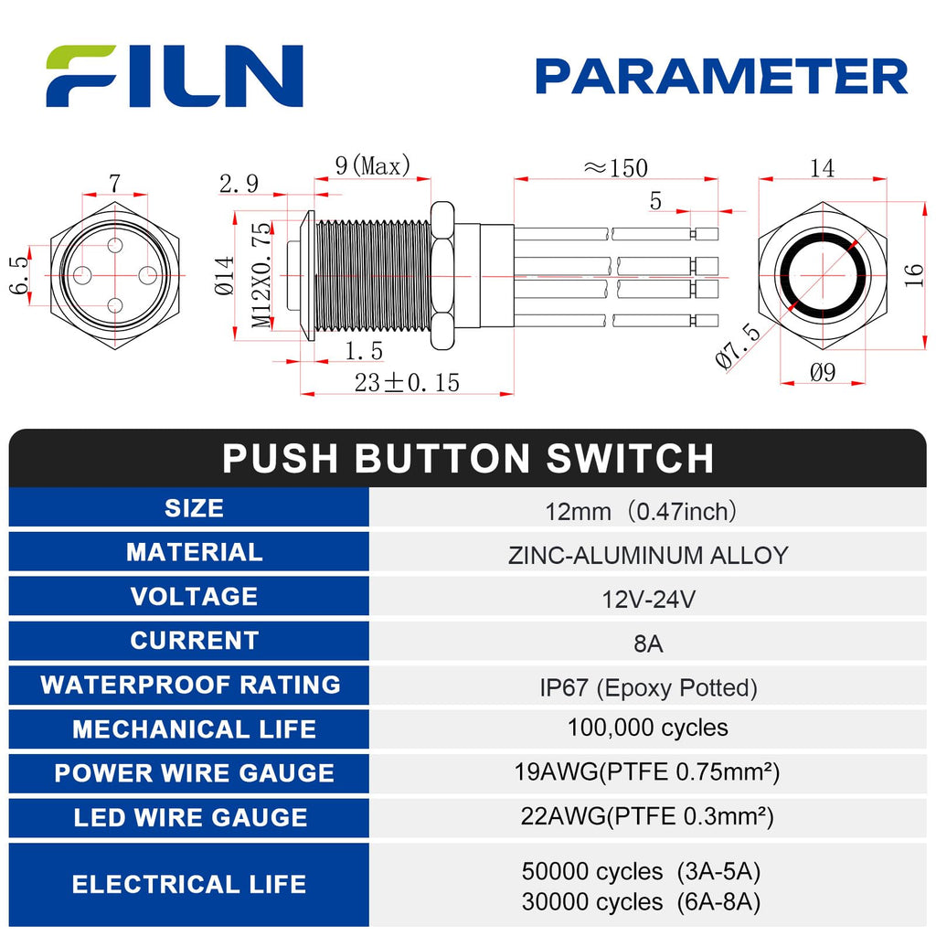 FILN 2PCS 8A 12mm Latching Push Button Switch 12V-24V DC IP67 High Head