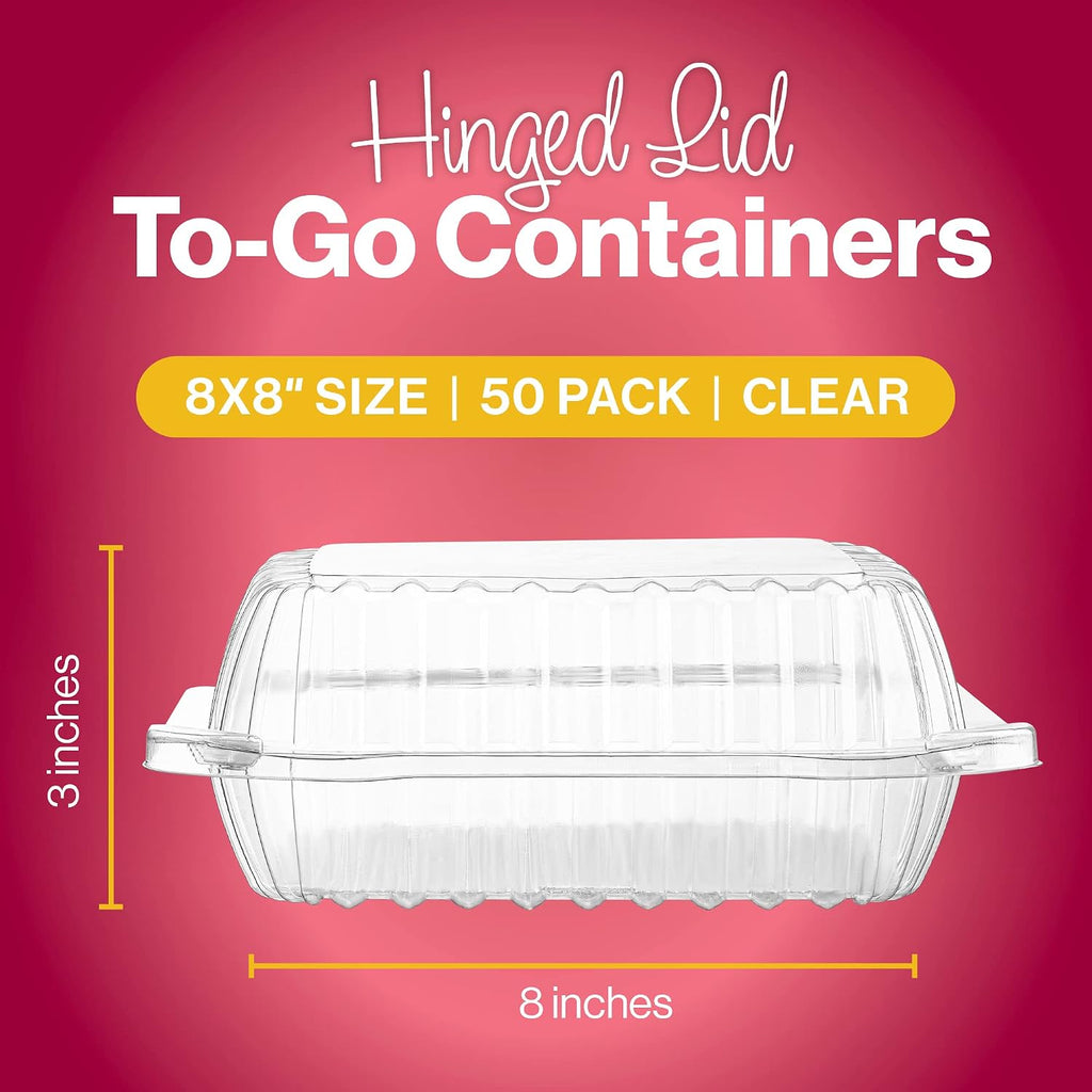 50 Clear Plastic Containers, 8" X 8" X 3" Hinged Lid Togo Clamshell Food Containers for Food, Strawberry Boxes