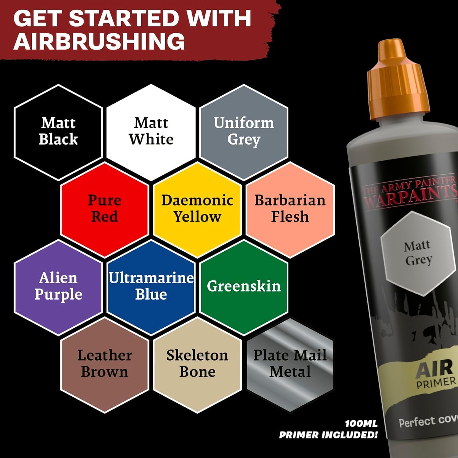 Warpaints Air Starter Set, 12 x 18 ml | Acrylic Airbrush Paints, incl. 1 Metallic & 1 Grey 100ml Primer - Air brush