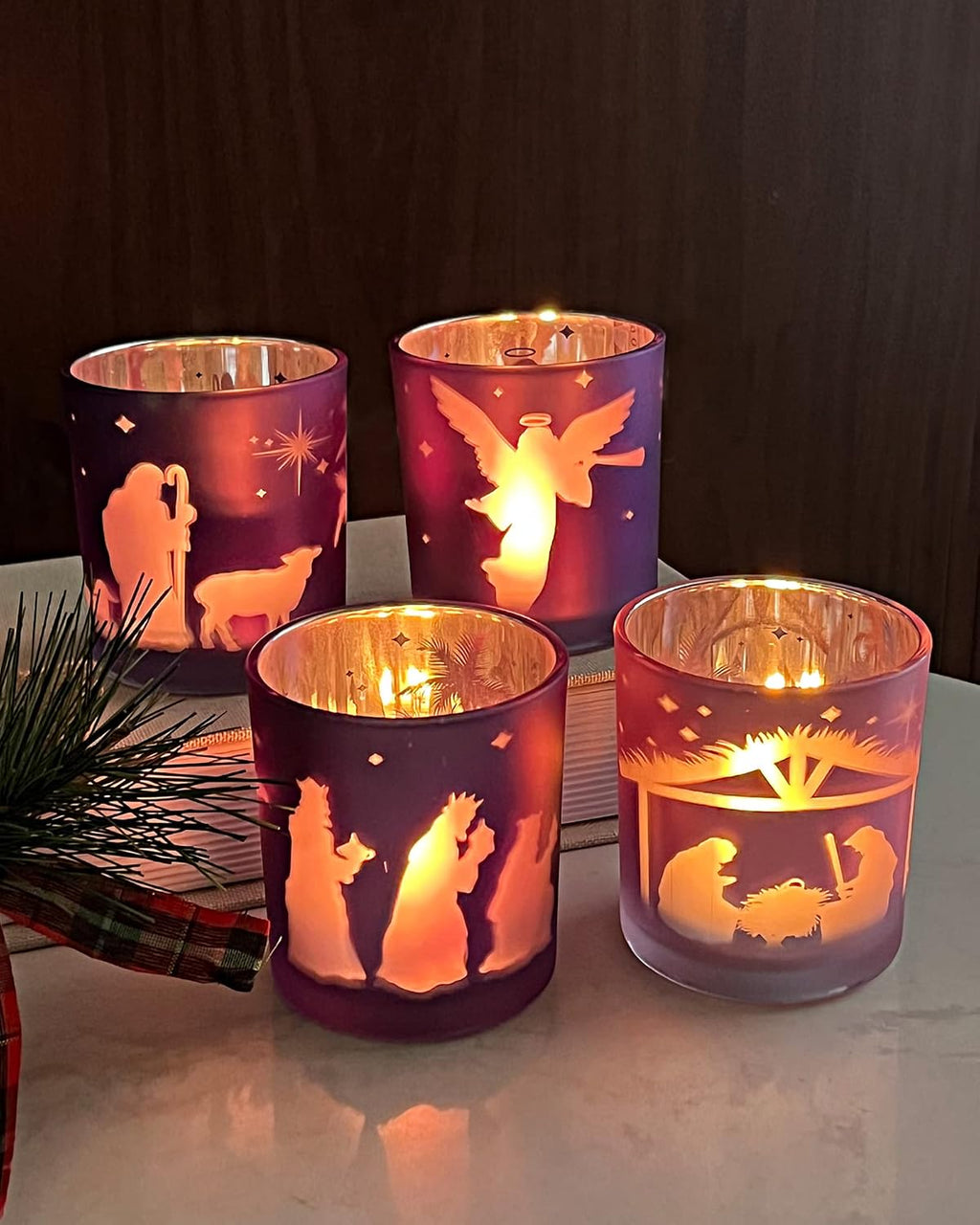 Advent Candle Holder Set of 4, Christian Decoration Votive Candle Holders, Glass Tealight Holders for Christmas Table