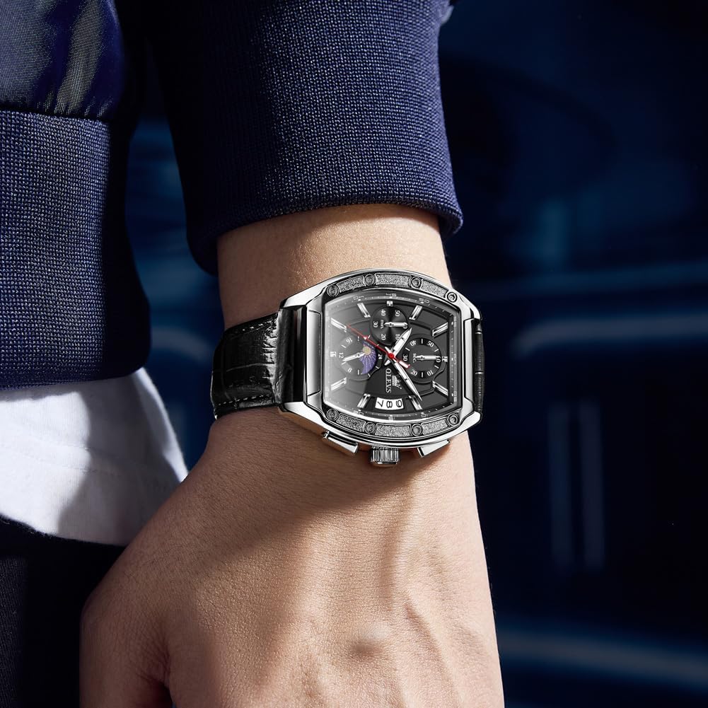 Mens Watches Analog Quartz Chronograph Square Dress Watch for Man Stainless Steel or Leather Band Waterproof Luminous