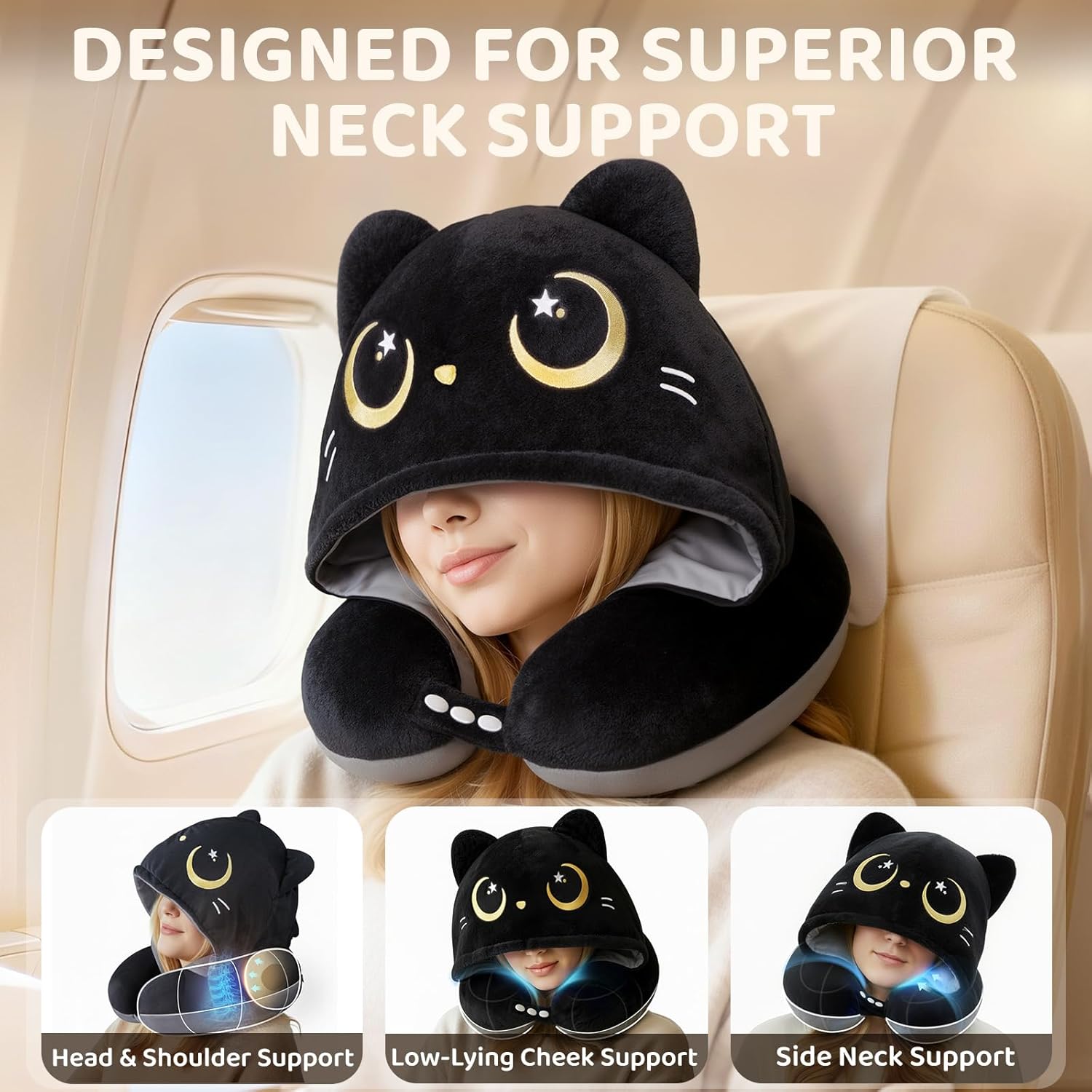 Travel Neck Pillow with Hood for Airplanes,Memory Foam,Breathable Ice Silk & Soft Velvet,Double-Sided,Removable to