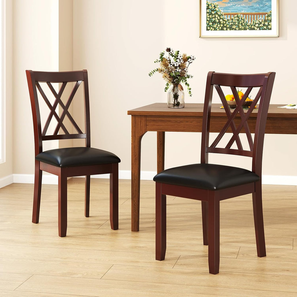 Wooden Dining Chairs Set of 2 with PU Leather Padded Seat, Walnut