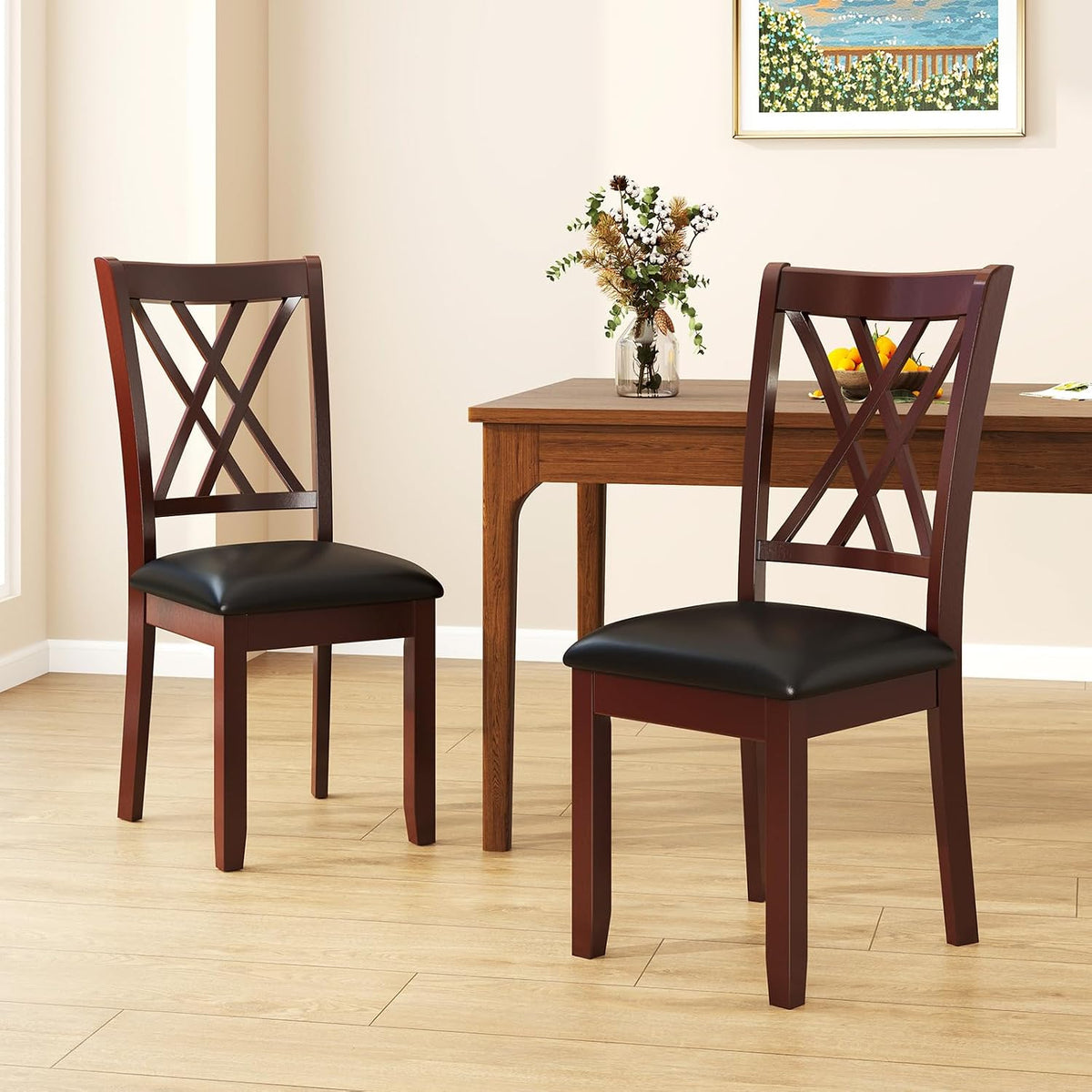 Wooden Dining Chairs Set of 2 with PU Leather Padded Seat, Walnut