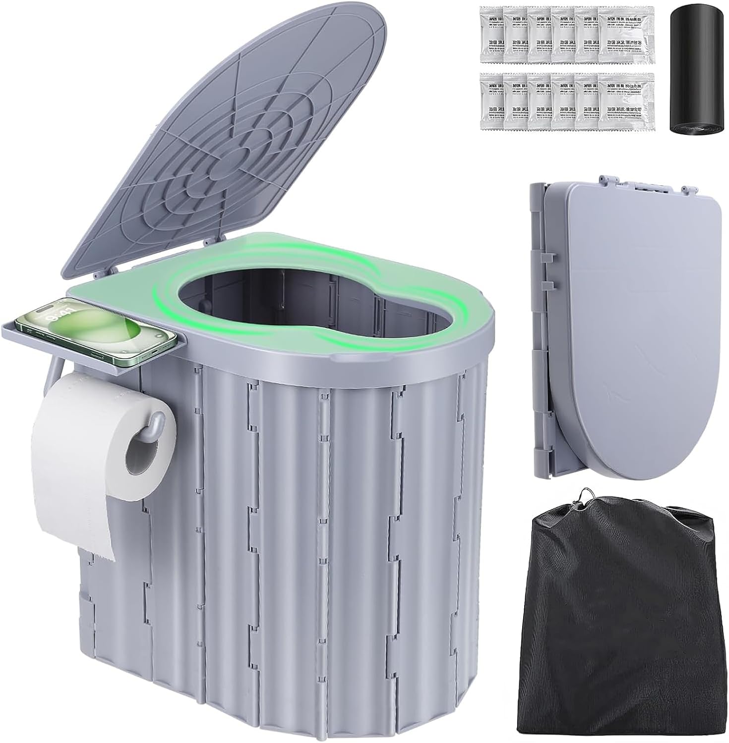 Camping Toilet, Portable Toilet for Adults, Portable Travel Folding Toilet with Lid and Paper Holder, Compact Potty