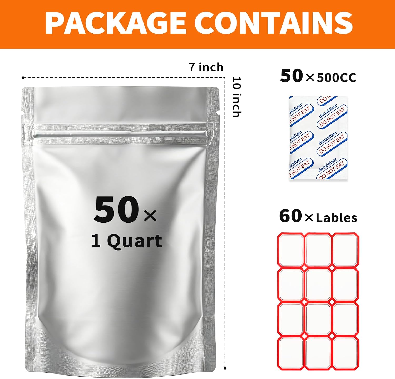 1Qt Mylar Bags with Oxygen Absorbers, 500cc, 50-Pack Food Storage | 50 resealable 1Qt Mylar bags w/50x500cc absorbers