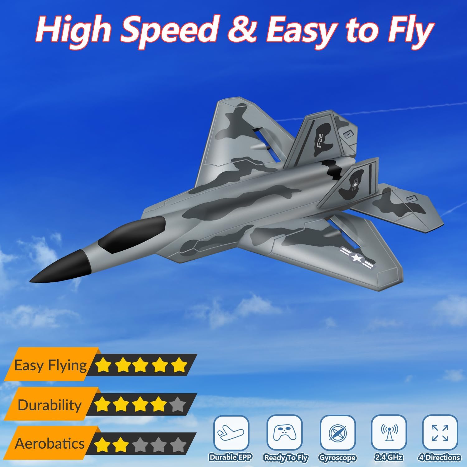 2CH F-22 RC Glider, Easy Fly RC Plane for Kids & Beginners | 2.4GHz anti-interference, stable flight, crash-resistant