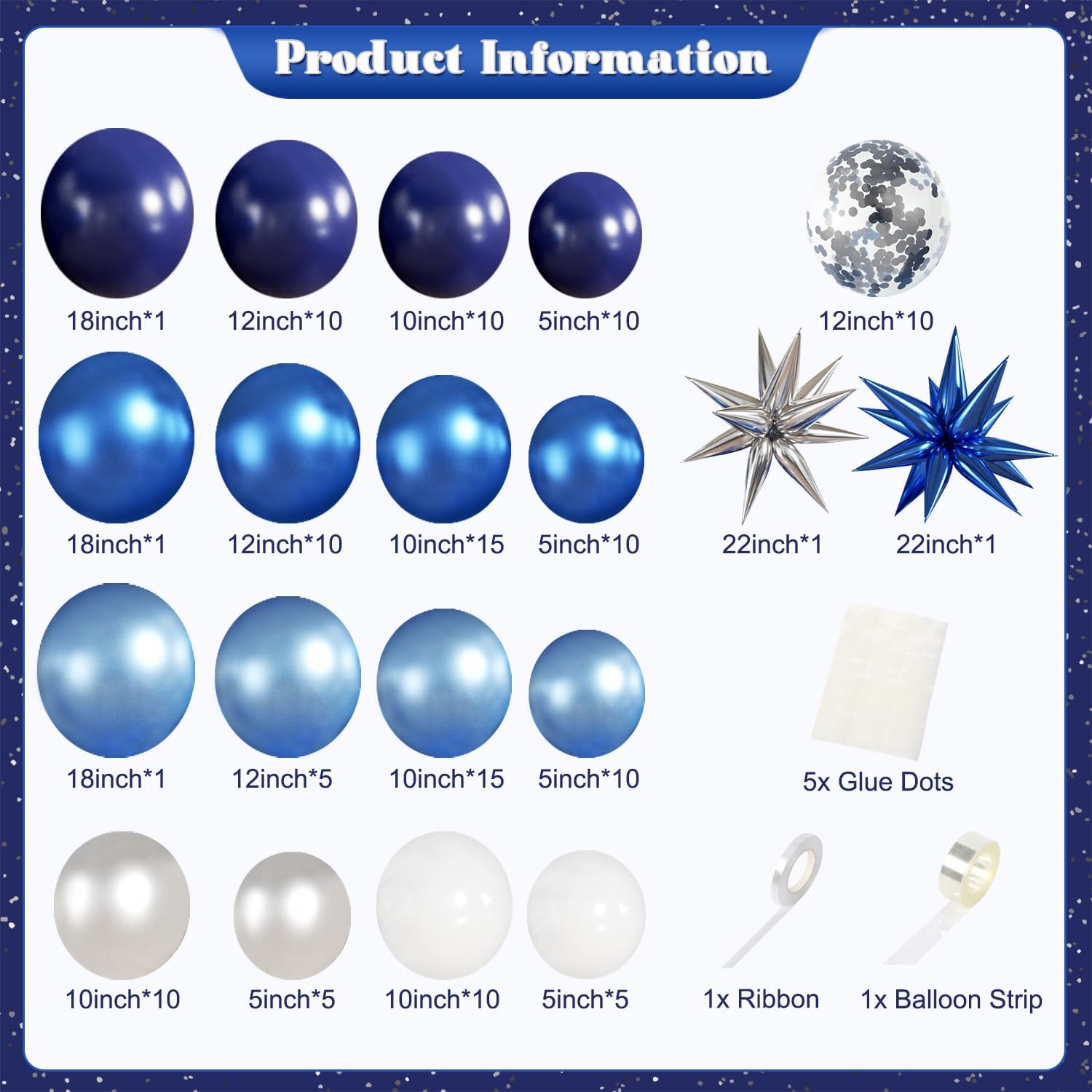 Blue White Silver Balloon Garland Arch Kit, 140Pcs Navy Light Metallic Blue Silver White Confetti Balloons With Stars