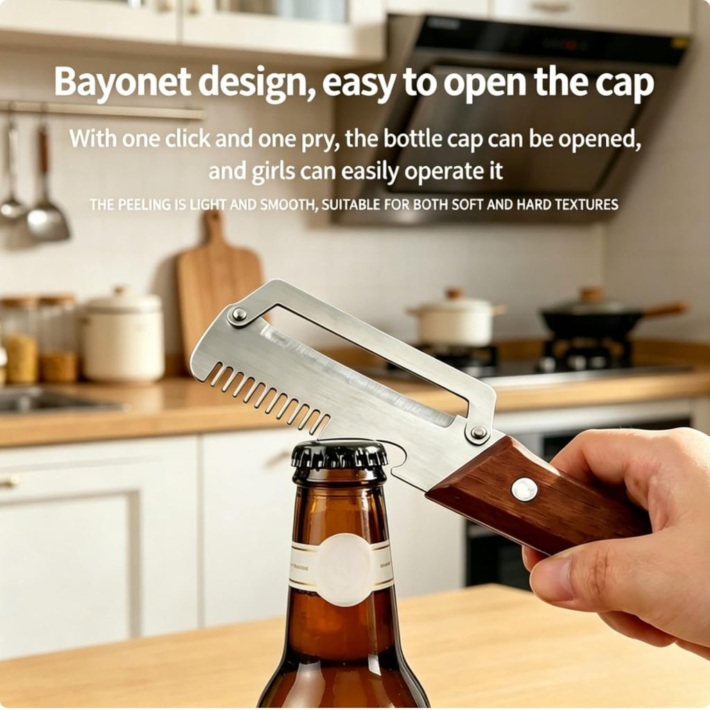 2-Pack Multifunctional Vegetable Peeler, 3 in 1 Kitchen Peeler with Wooden Handle, Grater & Bottle Opener for Potato