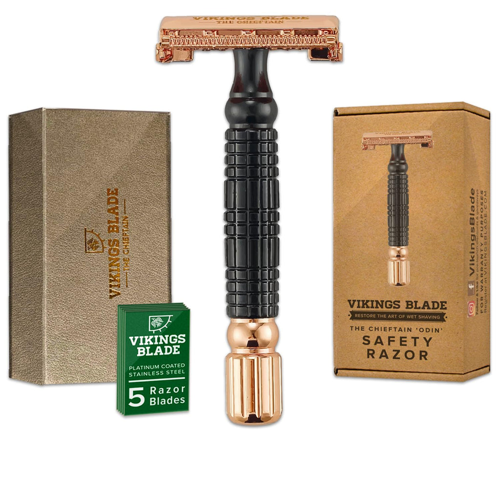 Double Edge Safety Razor for Men + 5 Swedish Steel Blades + Luxury Case. Smooth, Reusable, Eco-Friendly (Chieftain