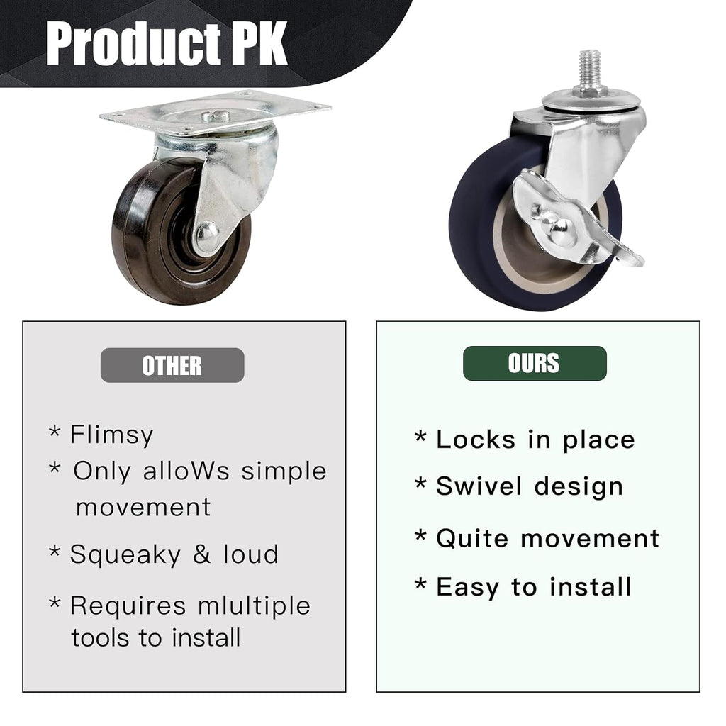 Caster Wheels, 3 Inch Stem Casters Set of 4, Heavy Duty Swivel Wheel with Brake, Metric Size M8-1.25-15 (Screw